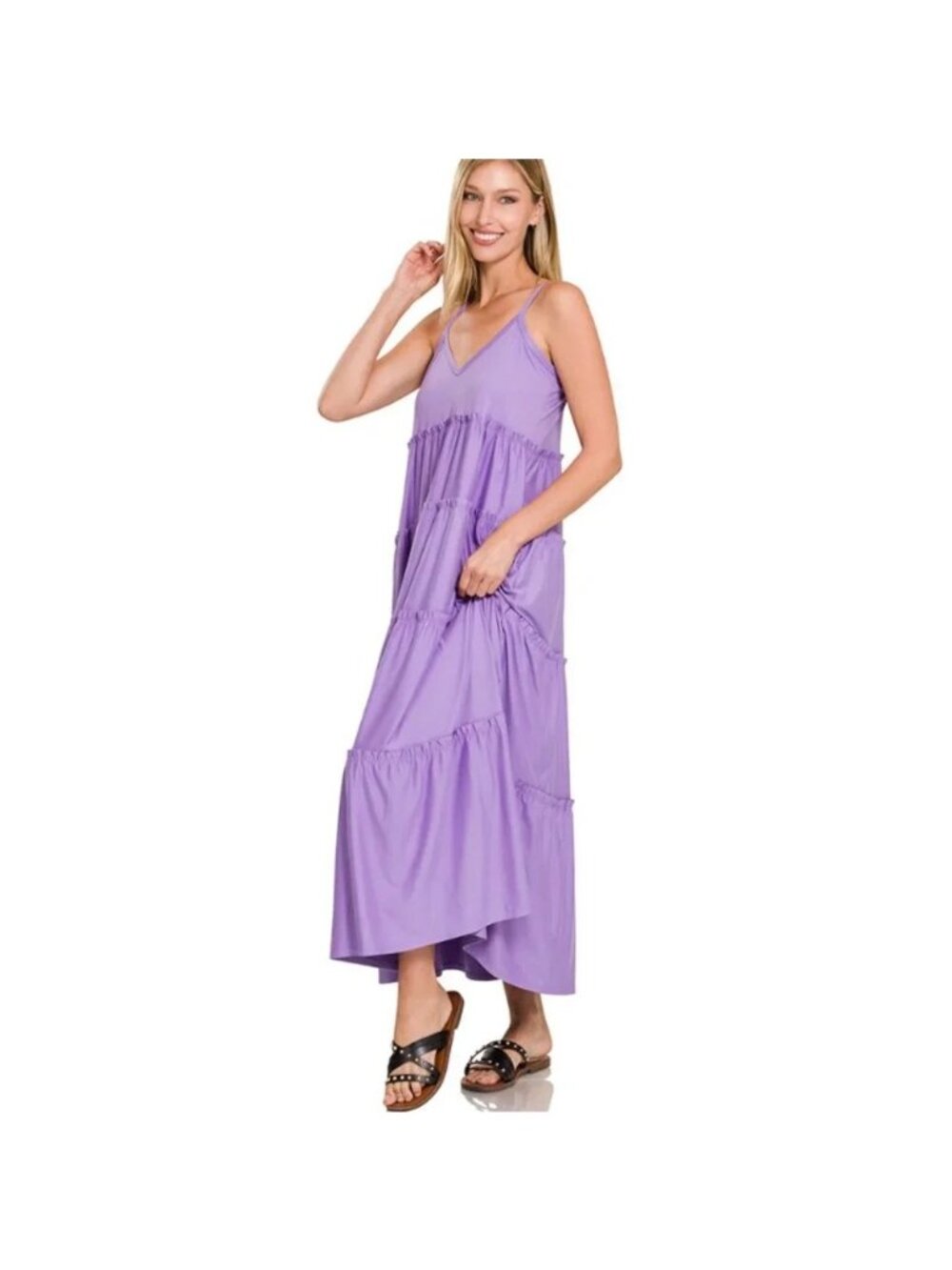 Zenana Sleeveless Tiered Maxi Dress Purple Adjustable Straps L (BB721)